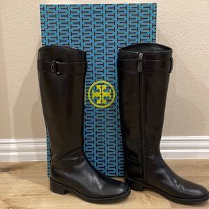 Tory Burch black leather Grace riding boots.